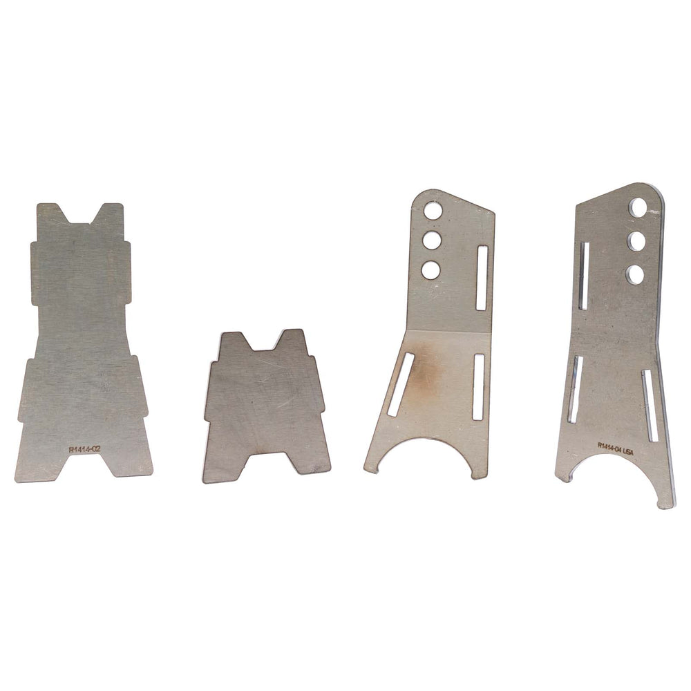 A photo showing all of the separate parts of the two and five eights inch wide 0 degree axle link against a white backdrop.